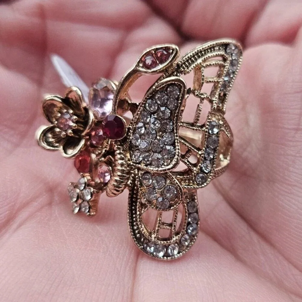 Fashion Ring Butterfly Shape Fancy Jewelry Ring Pink/Red Crystals Sz New Defect - Picture 1 of 12